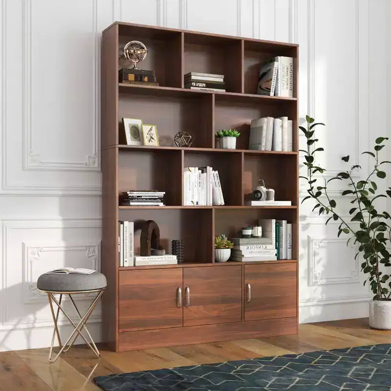 Okak Tall Bookshelf Storage Rack with 10 Cubes and 3 Doors 4-Tier Bookshelf Modern Display Bookcase for Living Room Office