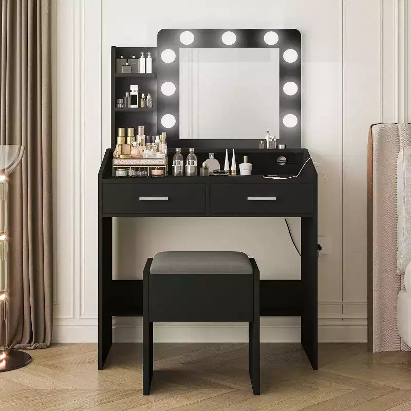 COZONY Makeup Vanity Desk with Mirror and Lights Vanity Table with Drawers Open Shelves & Cushioned Stool Modern Dressing Table with Large Storage