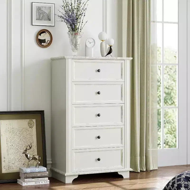 VINGLI Tall Dresser 5 Drawer Chest of Drawers Wood White Dresser for Bedroom