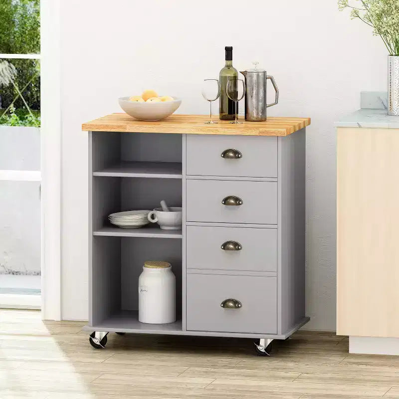 Okak Modrn Kitchen Island Cart with Solid Wood Top & Towel Rack & Wheels Mobile Storage Cabinet Sideboard for Kitchen Dining Room