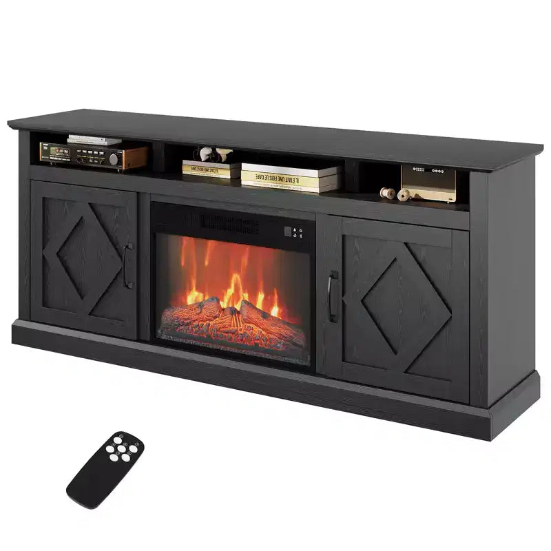 67-inch Fireplace TV Console with 23-inch Electric Fireplace 3D Flame Effect Adjustable Brightness Remote Control Open Shelving and Storage Space