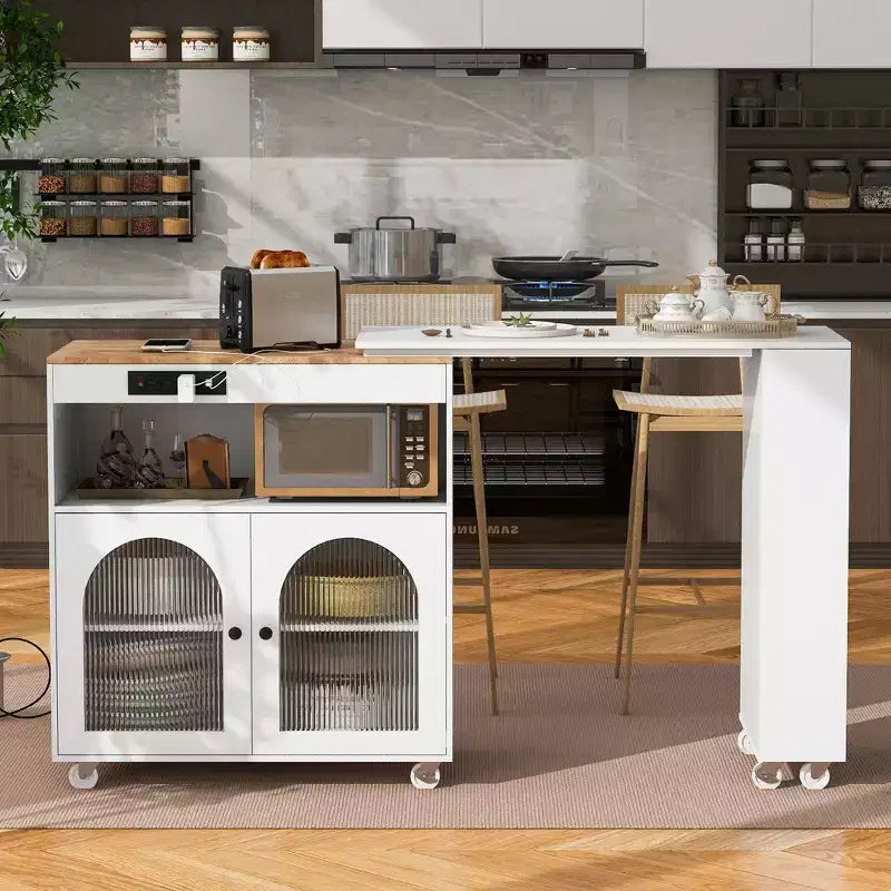 JVNOXK-Extendable Desktop Rolling Kitchen Island with LED Lighting Power Outlets and Double-Door Frosted Glass Panels White