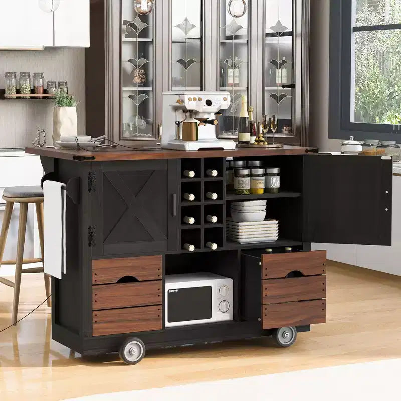Rolling Kitchen Island Farmhouse Kitchen Storage Cart with 2 Drawer Charging Station Adjustable Shelves Spice & Towel Rack - ModernLuxe
