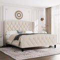 Queen-size bed frame velvet upholstered bed with winged headboard slatted wooden support no spring mattress required easy to assemble.