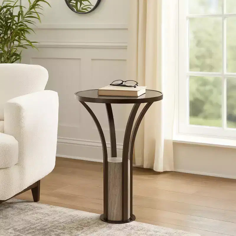 Home Decor End Table Side Table or Night Stand - Sleek Marble Top with Cylindrical Stone Pedestal for Big or Small Spaces - 24 Bronze & Copper