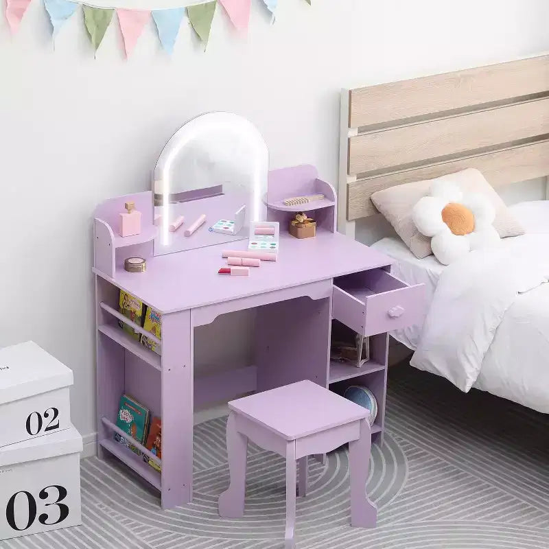 Coiffeuse pour Fille avec Lumières Ensemble Table et Chaise de Coiffeuse pour Enfants