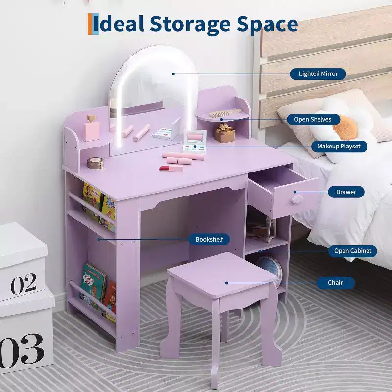 Coiffeuse pour Fille avec Lumières Ensemble Table et Chaise de Coiffeuse pour Enfants