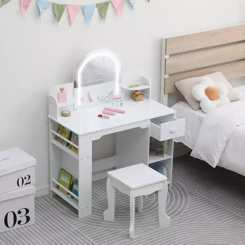 Coiffeuse pour Fille avec Lumières Ensemble Table et Chaise de Coiffeuse pour Enfants