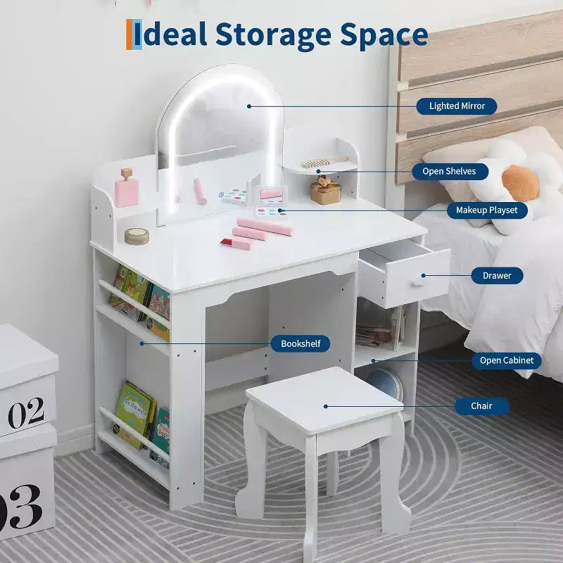Coiffeuse pour Fille avec Lumières Ensemble Table et Chaise de Coiffeuse pour Enfants
