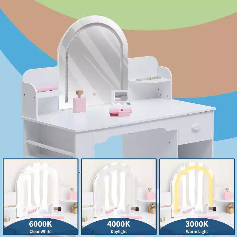 Coiffeuse pour Fille avec Lumières Ensemble Table et Chaise de Coiffeuse pour Enfants