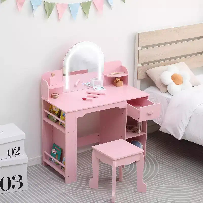 Coiffeuse pour Fille avec Lumières Ensemble Table et Chaise de Coiffeuse pour Enfants