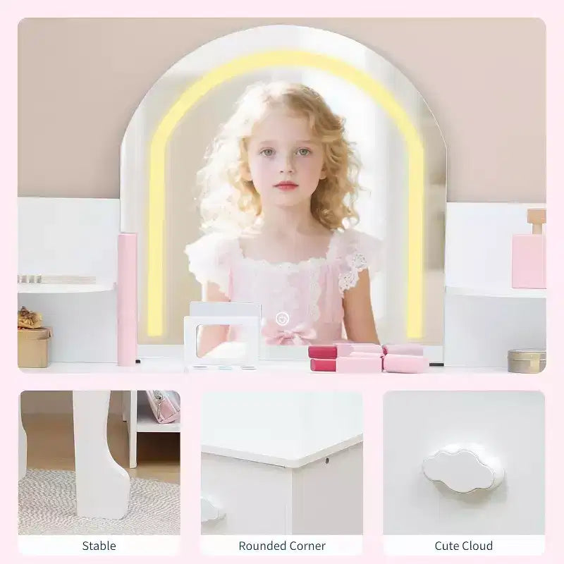 Coiffeuse pour Fille avec Lumières Ensemble Table et Chaise de Coiffeuse pour Enfants