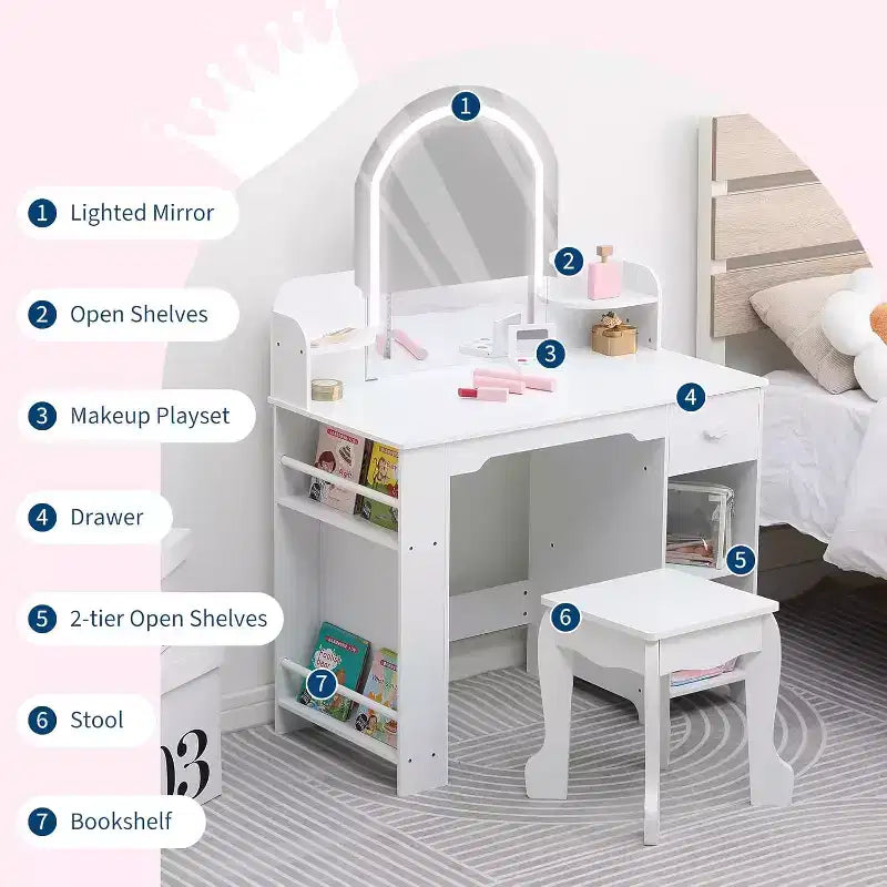 Coiffeuse pour Fille avec Lumières Ensemble Table et Chaise de Coiffeuse pour Enfants