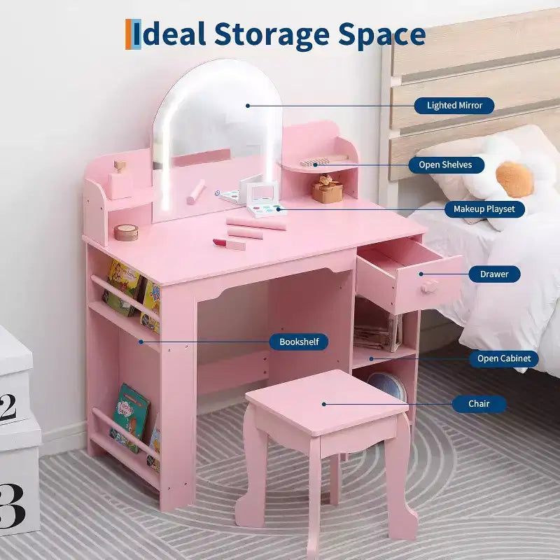 Coiffeuse pour Fille avec Lumières Ensemble Table et Chaise de Coiffeuse pour Enfants