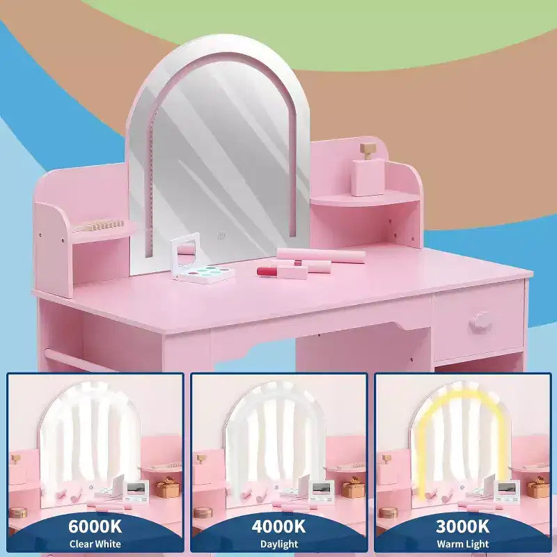 Coiffeuse pour Fille avec Lumières Ensemble Table et Chaise de Coiffeuse pour Enfants