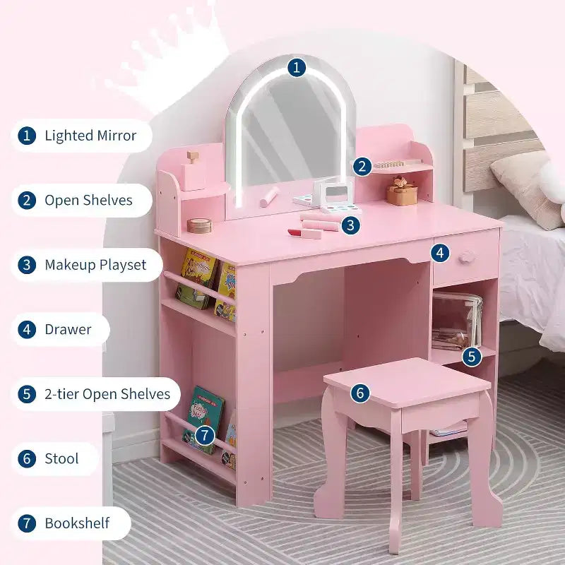 Coiffeuse pour Fille avec Lumières Ensemble Table et Chaise de Coiffeuse pour Enfants