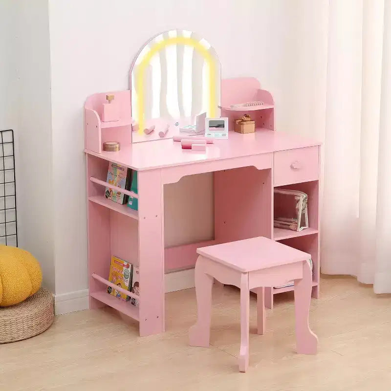 Girl Vanity with Lights Kid Vanity Table and Chair Set for Princess Toddler Makeup Vanity Desk with Open Bookshelf Storage Cabinet&Side Shelves