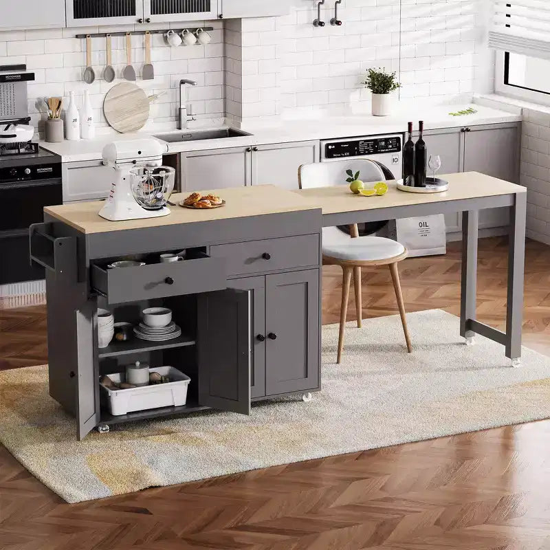 Whisen 74.5 Kitchen Island & Kitchen Storage Cart with Extendable Dining Table Spice Rack and 2 Drawers