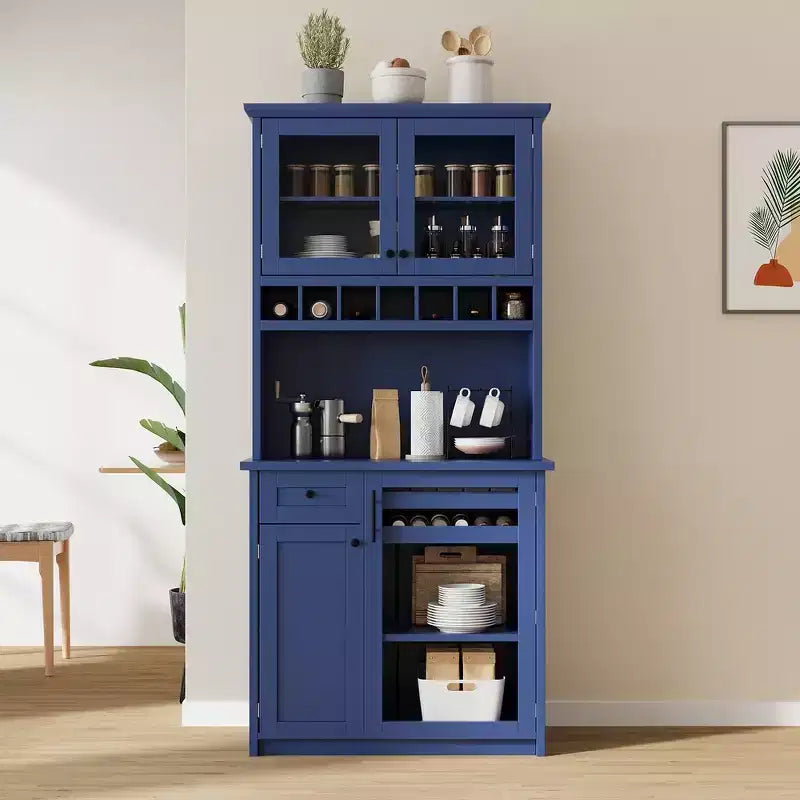Whisen Freestanding Buffet with Hutch Tall Kitchen Pantry Storage Cabinet with Wine Rack and Adjustable Shelves
