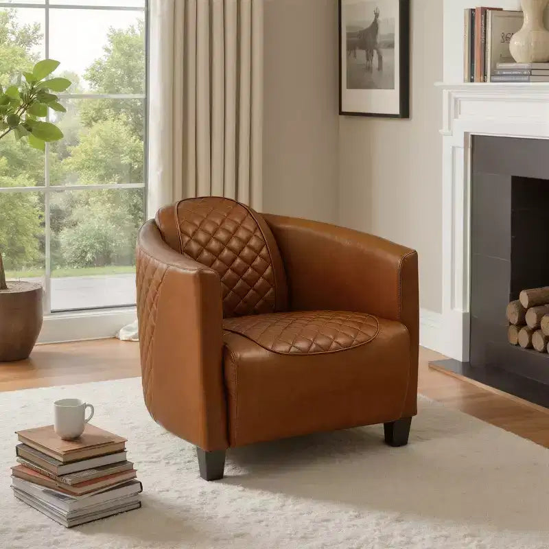 Fauteuil d'appoint en cuir véritable au design matelassé, style Mid-century Modern