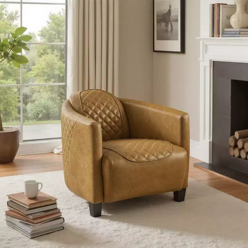 Fauteuil d'appoint en cuir véritable au design matelassé, style Mid-century Modern