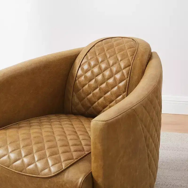 Fauteuil d'appoint en cuir véritable au design matelassé, style Mid-century Modern