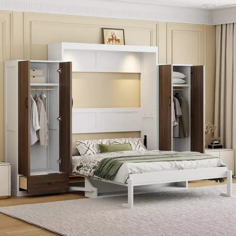 Full/Queen Murphy Bed Wall Bed with Closet Cabinet Bed Folding Wall Bed with Storage Drawers and Desk for Guest Room Office