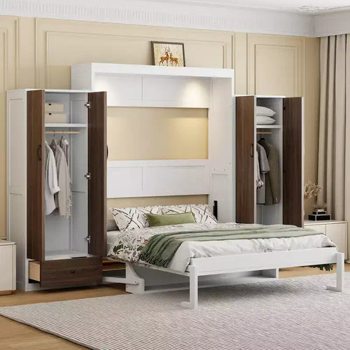 Full/Queen Murphy Bed Wall Bed with Closet Cabinet Bed Folding Wall Bed with Storage Drawers and Desk for Guest Room Office