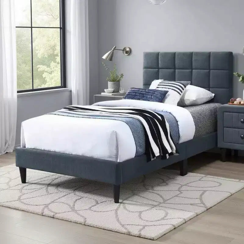 Royal Hampton Twin Bed Soft Biscuit Tufted Charcoal Gray Linen Upholstery