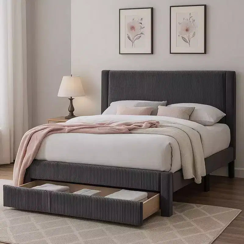 Royal Hampton Full Bed w Drawer Dark Gray Corduroy Upholstery Foam Headboard