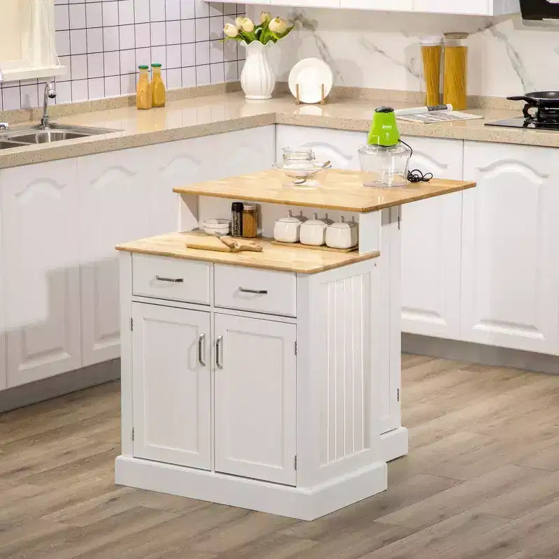 GDFStudio Callie Two-Tier Kitchen Island Table with Rubber Wood Top Storage Cabinets and Pull-Out Drawers