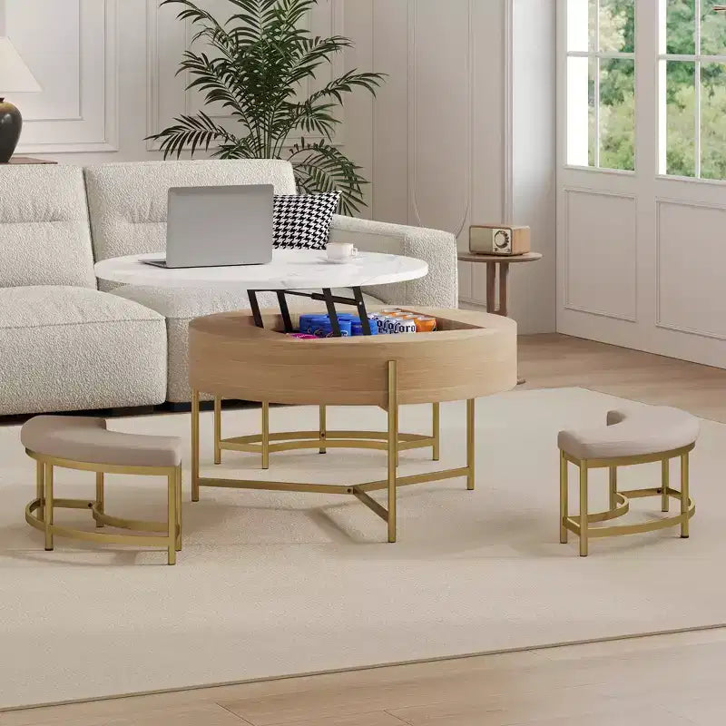 Round Lift-Top Coffee Table with Ottomans and Storage Gold Center Table Set with Stools Underneath for Living Room