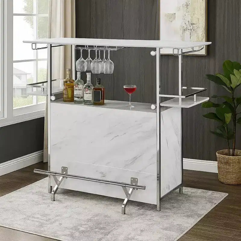 Royal Hampton Bar Table with Faux Marble and Chrome Finish White and Silver