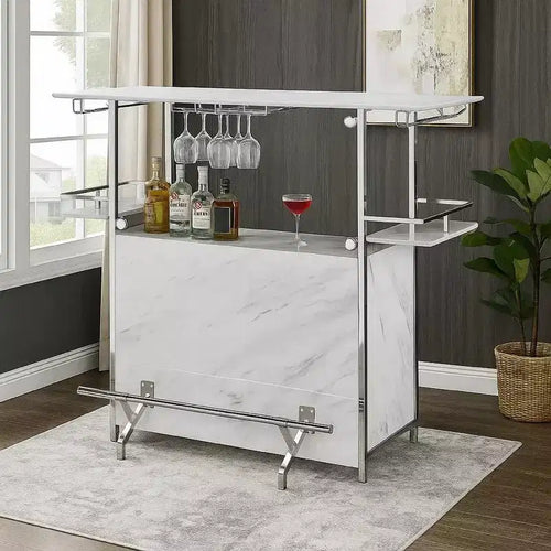 Royal Hampton Bar Table with Faux Marble and Chrome Finish White and Silver
