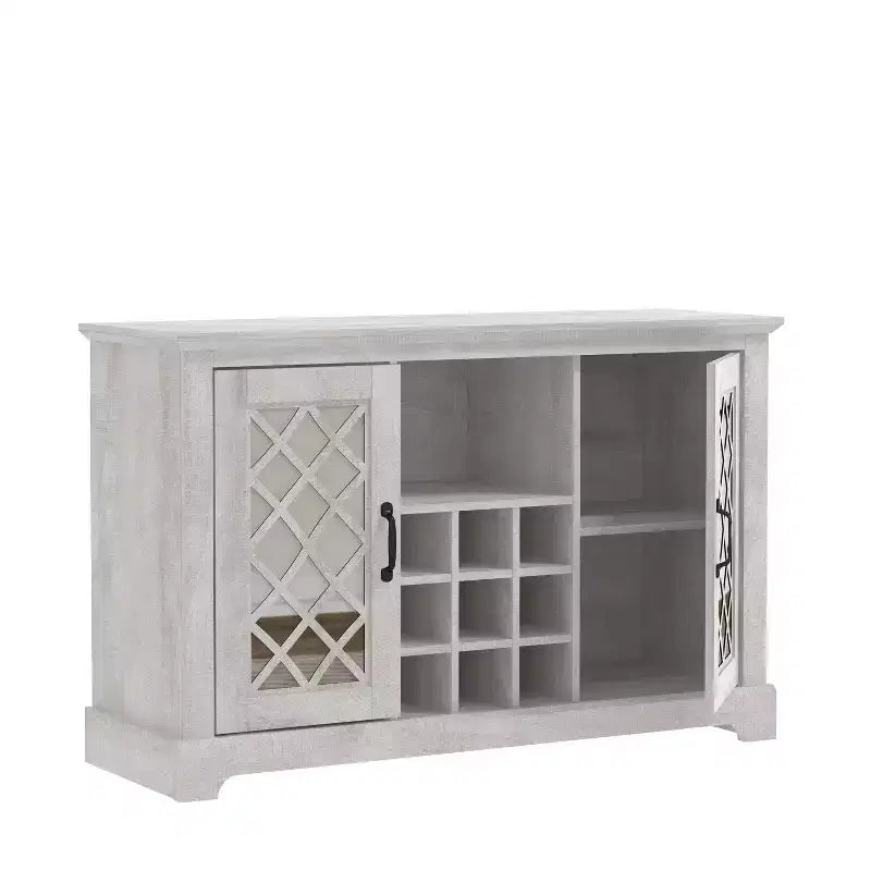 Meuble bas avec rangement pour bouteilles et porte découpée