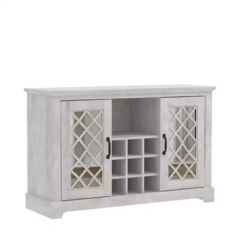 Meuble bas avec rangement pour bouteilles et porte découpée