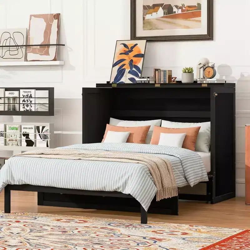 Polibi FullSize Murphy Bed with Rattan Front & Hidden Drawer Storage