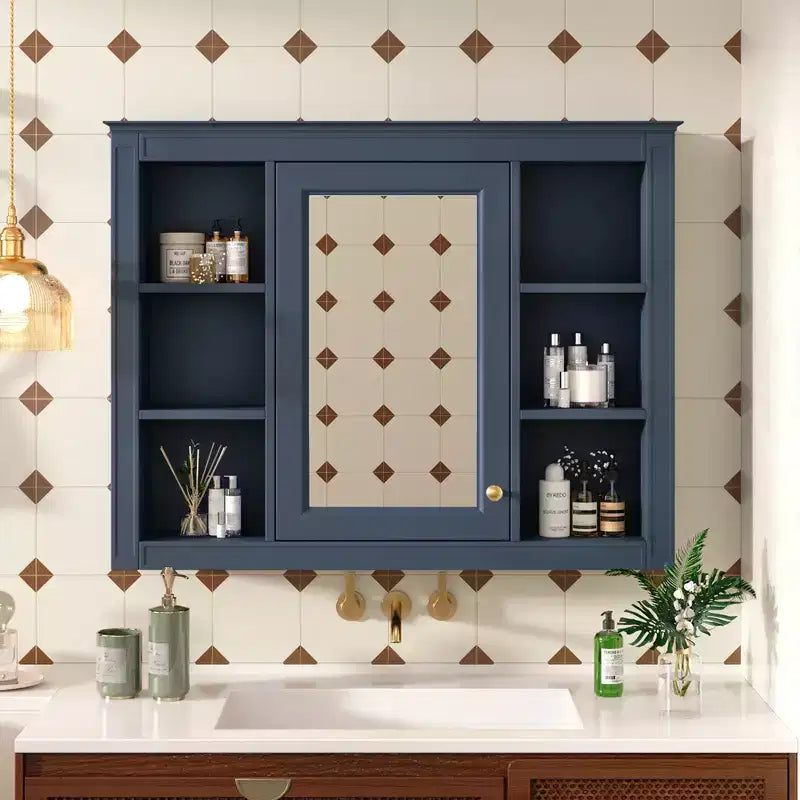 MAYEERTY 27.5 Medicine Cabinet Wall Mounted Bathroom Storage Cabinet with Mirror 6 Open Shelves Modern Blue