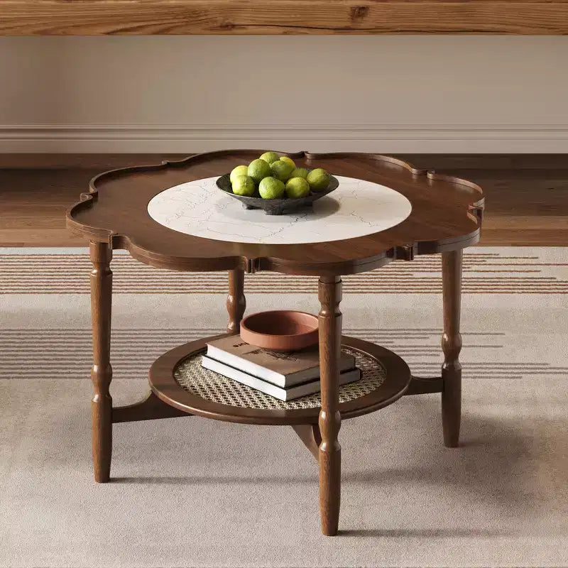 Vintage Rattan Coffee Table with Shelf Retro Round Center Table with Storage for for Living Room Walnut