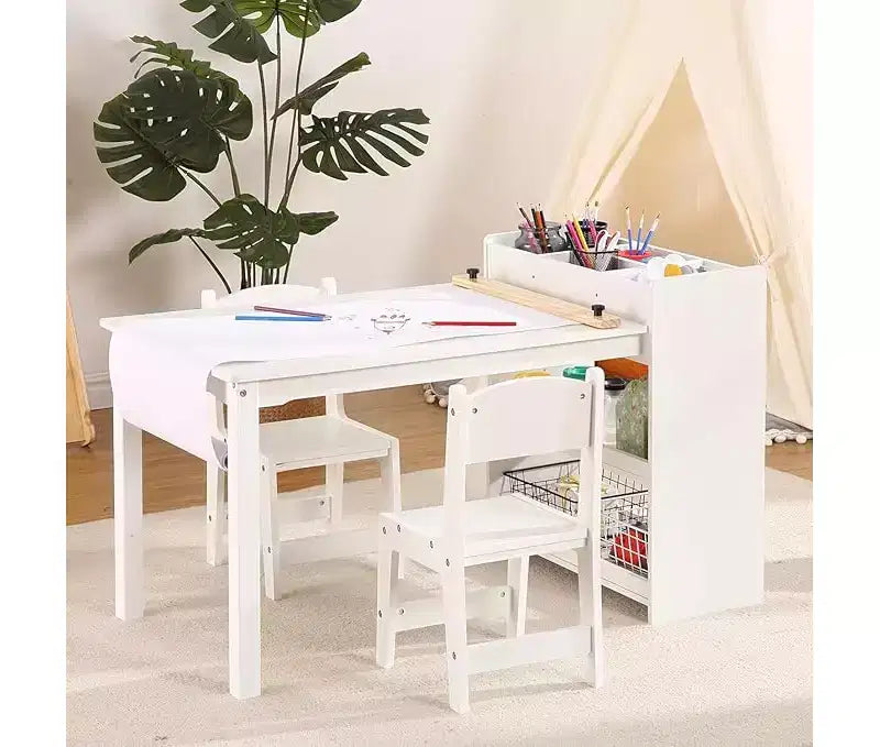 Kids desk and Chair Set Wooden Art Desk with Paper Roller Paint Cups & Storage Shelves 2 in 1 Craft Activity Table for Drawing Painting Writing