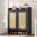 Rattan Shoe Cabinet Boho Wooden Shoe Storage Organizer with Adjustable Shelves for Entryway Hallway