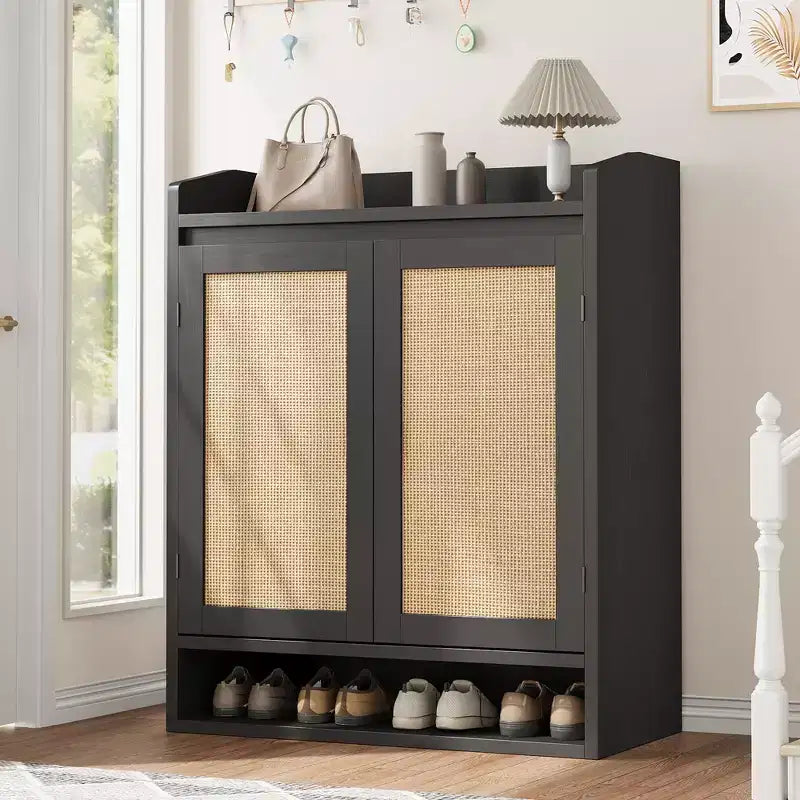 Rattan Shoe Cabinet Boho Wooden Shoe Storage Organizer with Adjustable Shelves for Entryway Hallway