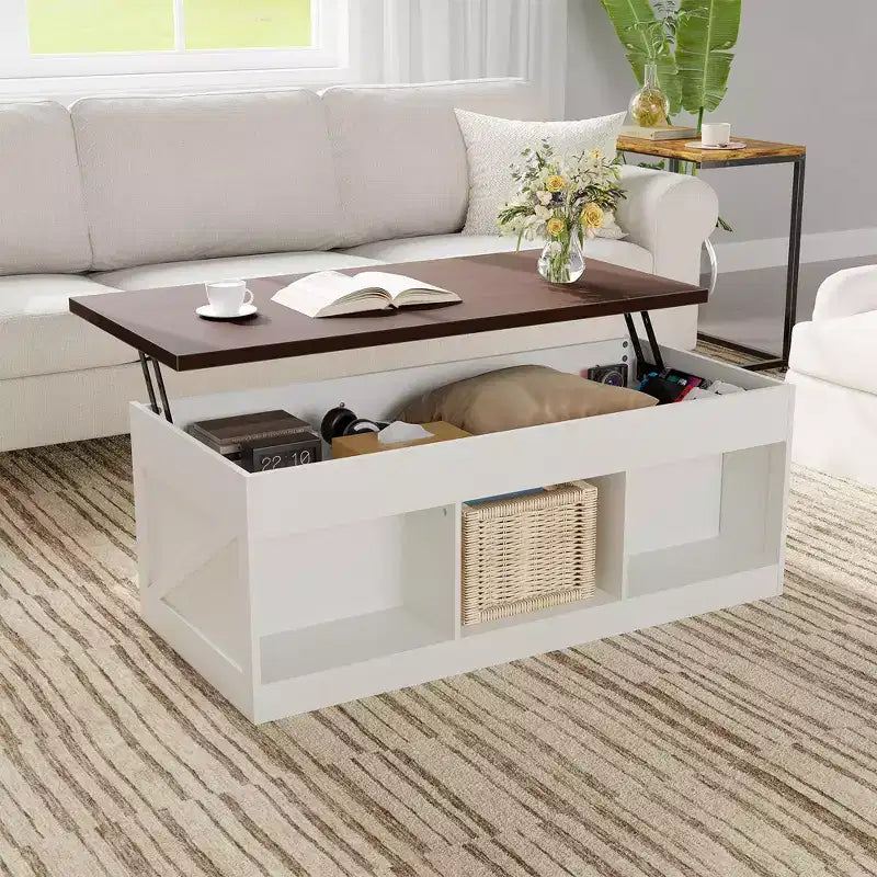 COZONY Coffee Table for Living Room with Lift Top and Storage Square Industrial Design with X-Shaped Decor Durable and Stylish White