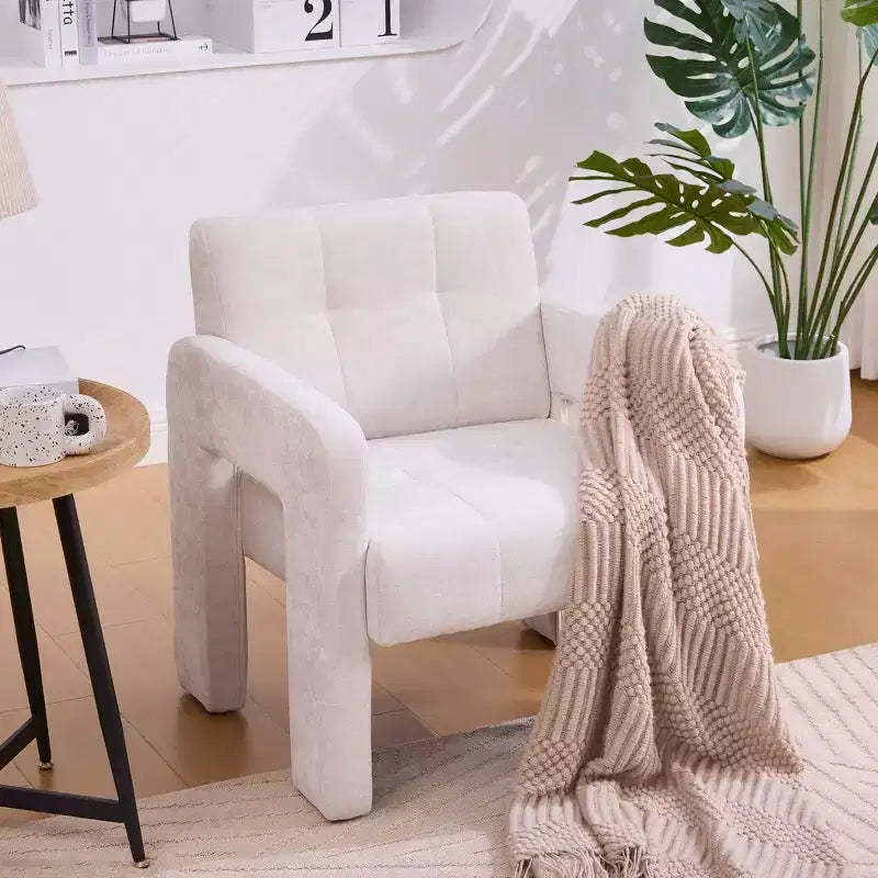 GDFStudio Louver Modern Wood and Chenille Accent Chair with Plush Cushion and Curved Armrests