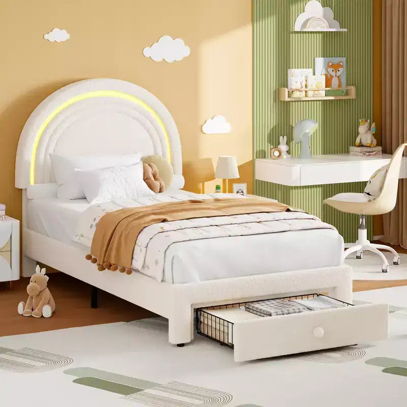 Twin Upholstered LED Bed Frame - with Storage Drawer and Rainbow Headboard Berber Fleece Princess Platform Bed for Kids Solid Wood Slats Support