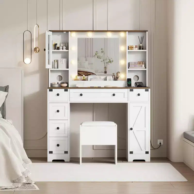 Makeup Vanity and Stool Vanity Desk with Lights White Vanity Table with Charging Station 6 Drawers and Cabinets