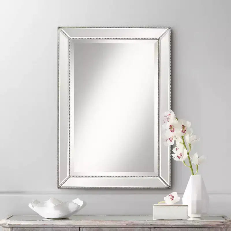 Miroir mural rectangulaire moderne avec bordure perlée argent-étain biseautée