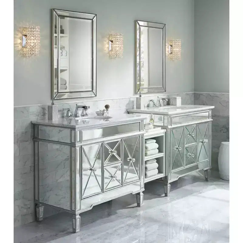 Miroir mural rectangulaire moderne avec bordure perlée argent-étain biseautée