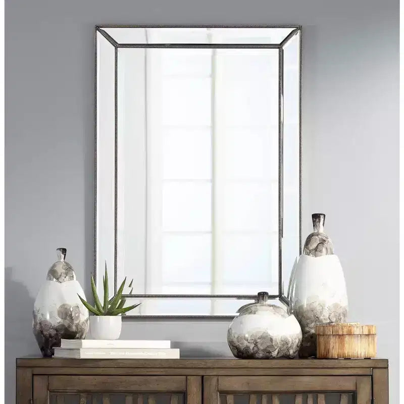 Miroir mural rectangulaire moderne avec bordure perlée argent-étain biseautée