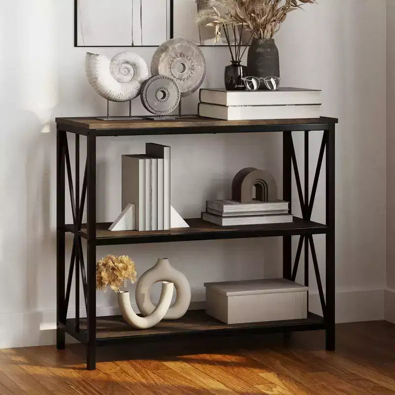 Hastings Home 3-Tier Freestanding Barnwood Bookshelf Industrial Bookcase for Home or Office Organization and Storage Brown Woodgrain